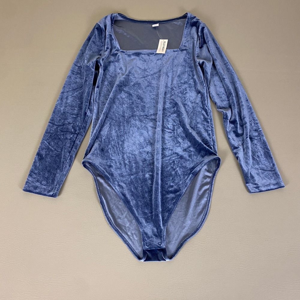 Old Navy Velvet Bodysuit Women's Size Large Blue Square Neck Long Sleeve New NWT